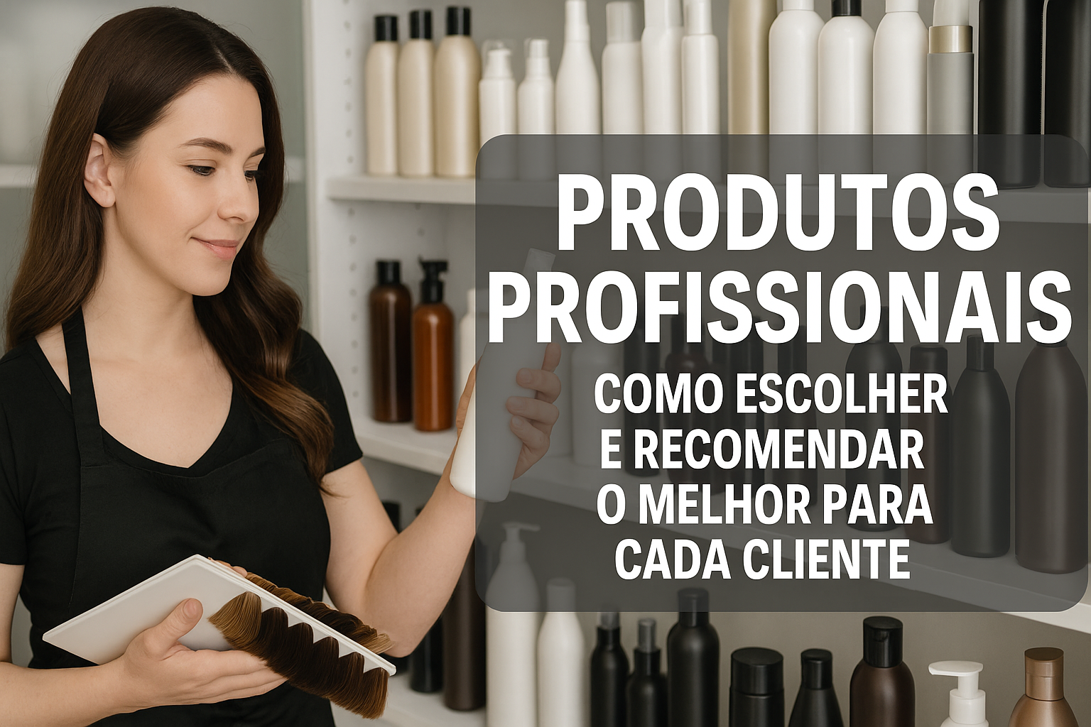 Uma mulher está em frente a prateleiras cheias de frascos, segurando um produto Lizzon e uma amostra de cor, ao lado de um texto em português sobre como escolher e recomendar os produtos de liso profissional perfeitos para cada cliente.