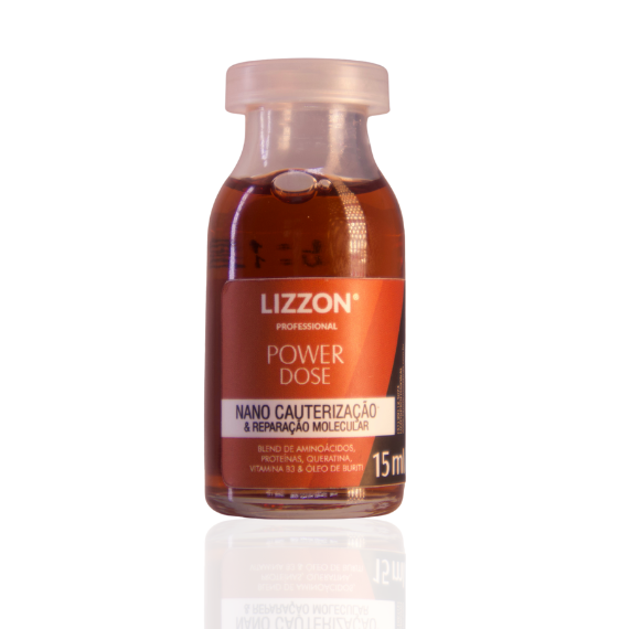 Um pequeno frasco de 15 ml com o rótulo Power Dose Nano Cauterização está centralizado em um fundo branco, com o texto "nano cauterização" e "reparação avançada" exibidos acima dele.
