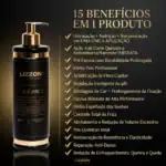 Frascos pretos de Lizzon Professional 15 em 1 (combinação de 3 unidades de 500 ml) com dispensadores de bomba, mostrados ao lado de uma lista dourada sobre preta destacando quinze benefícios. A marca do produto está claramente visível em cada frasco.