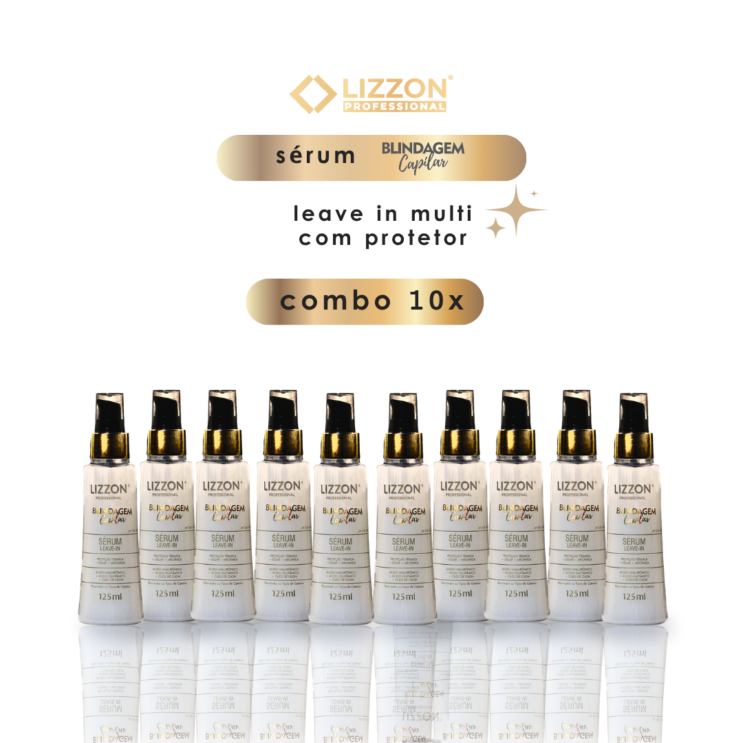 Dez frascos de Sérum Blindagem Capilar (combo 10x) estão alinhados, com o texto acima mostrando essa embalagem de 10 frascos - ideal para cabelos macios e protegidos.