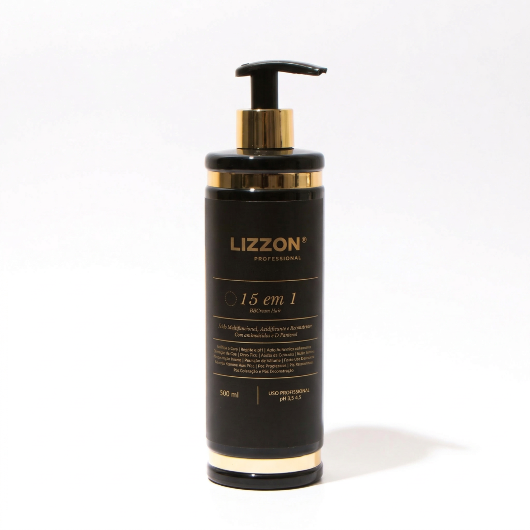 Três frascos pretos e dourados do Lizzon Professional 15 em 1 (500 ml cada) estão na vertical em um fundo branco liso.