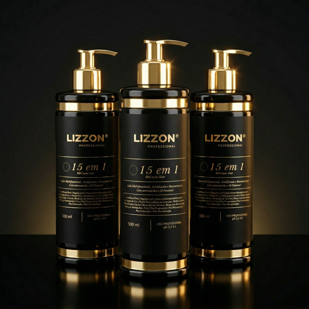 Três frascos pretos e dourados de Lizzon Professional 15 em 1 (combo 3 unid 500ml) são mostrados em um fundo escuro. Cada frasco tem um dispensador de bomba e contém 500 ml.