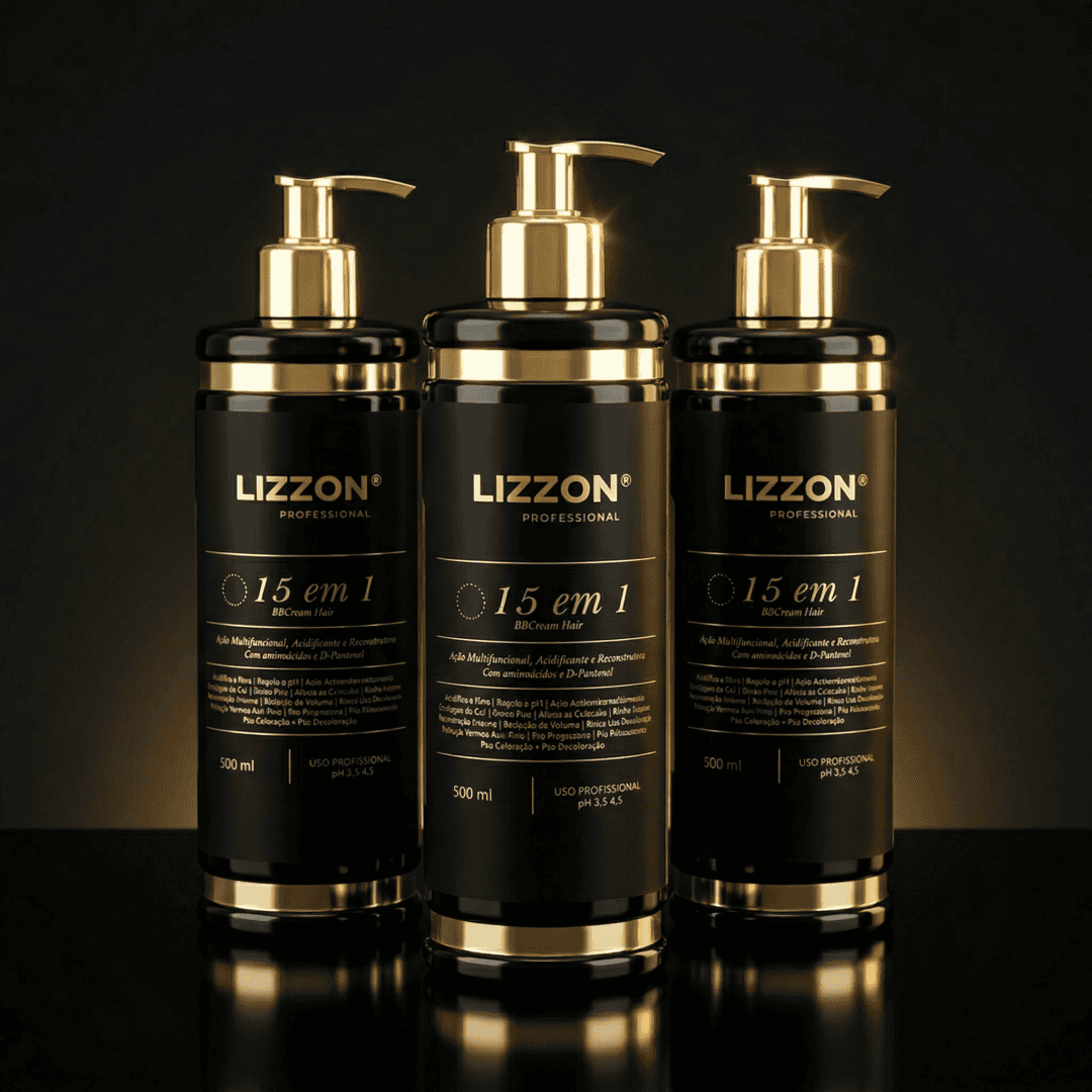 Três garrafas pretas e douradas de 500 ml de 15 em 1 (combo 3 unid 500 ml) estão lado a lado em uma superfície preta reflexiva com dispensadores de bomba, em um fundo escuro.