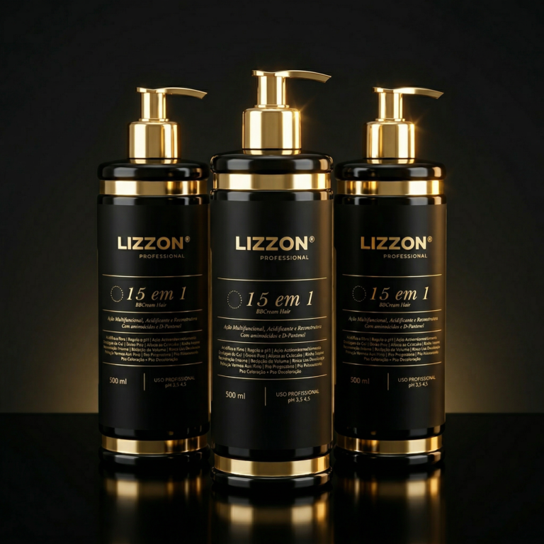 Três garrafas pretas e douradas de 500 ml de 15 em 1 (combo 3 unid 500 ml) estão lado a lado em uma superfície preta reflexiva com dispensadores de bomba, em um fundo escuro.