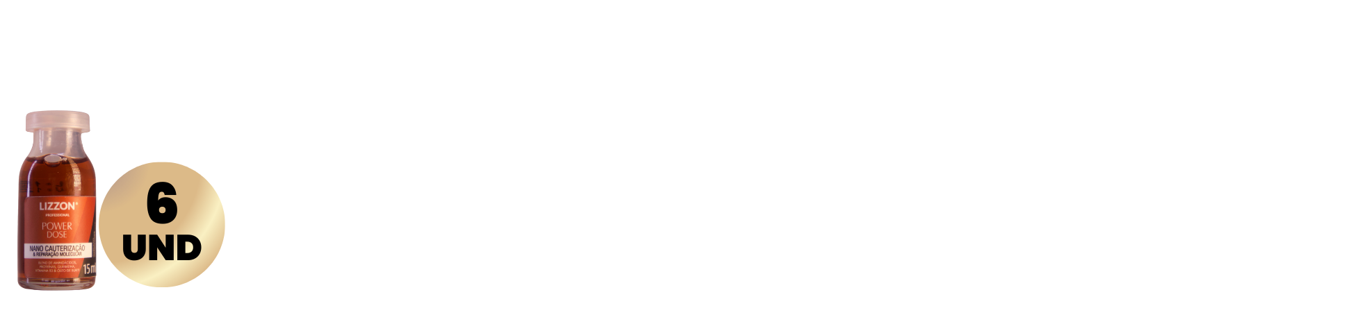 Um pequeno frasco de Power Dose Nano Cauterização (combo 6x) é retratado ao lado de um círculo bege com o rótulo 