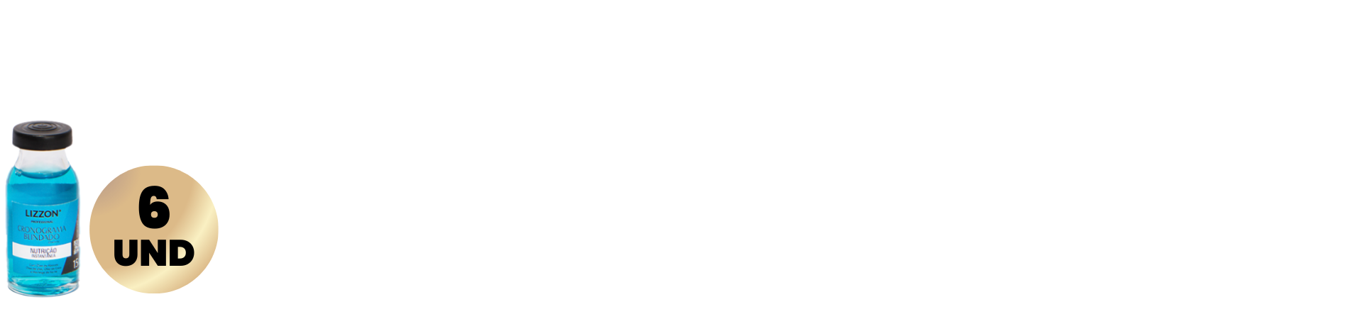 Um pequeno frasco de Power Dose Nutrição (combo 6x) preenchido com líquido azul é mostrado ao lado de um círculo dourado com o rótulo 