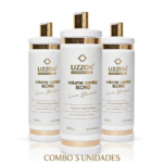 São exibidos três frascos verticais brancos e dourados de Lizzon Professional Volume Control Blond (Combo 3 unidades), cada um com o rótulo de 1000 g.
