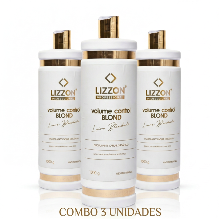 São exibidos três frascos verticais brancos e dourados de Lizzon Professional Volume Control Blond (Combo 3 unidades), cada um com o rótulo de 1000 g.