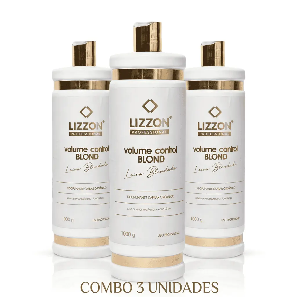 São exibidos três frascos verticais brancos e dourados de Lizzon Professional Volume Control Blond (Combo 3 unidades), cada um com o rótulo de 1000 g.