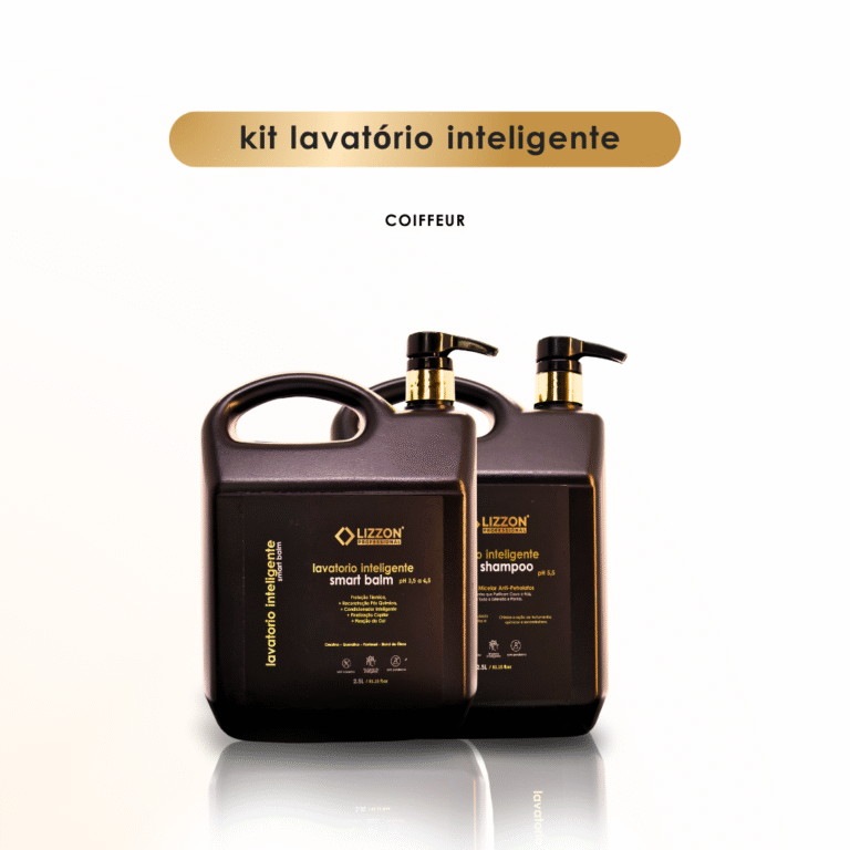 Dois frascos marrom-escuros com bombas douradas e pretas, rotulados com o kit Lavatório Inteligente Smart Balm 5 em 1 + Smart Shampoo da Lizzon, são exibidos em um fundo branco, destacando a elegância da linha Lavatório Inteligente.