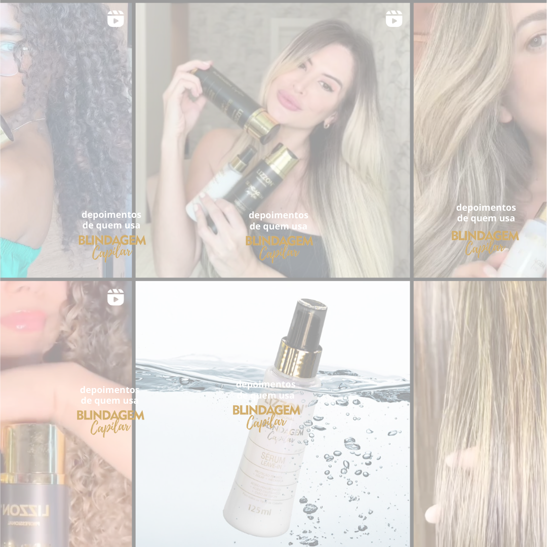 Uma colagem de seis imagens mostra mulheres usando Sérum Blindagem Capilar (combo 10x), closes de cabelos brilhantes e um frasco de soro na água. O texto em português destaca depoimentos sobre o produto.