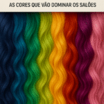 Mechas de cabelo onduladas e lisas em várias cores - azul escuro, verde, azul-petróleo, amarelo, laranja, vermelho, roxo e rosa - são mostradas lado a lado. Na parte superior, um texto em português discute as tendências de cores de cabelo de 2025 com uma referência aos estilos Lizzon.