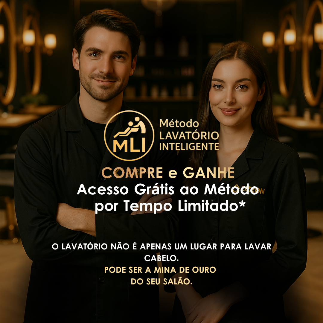 Um homem e uma mulher de preto sorriem em um ambiente interno, promovendo o kit Lavatório Inteligente Smart Balm 5 em 1 + Smart Shampoo. O texto dourado em português aparece sobre um elegante fundo de salão escuro, destacando a oferta do método inteligente de lavagem dos cabelos.
