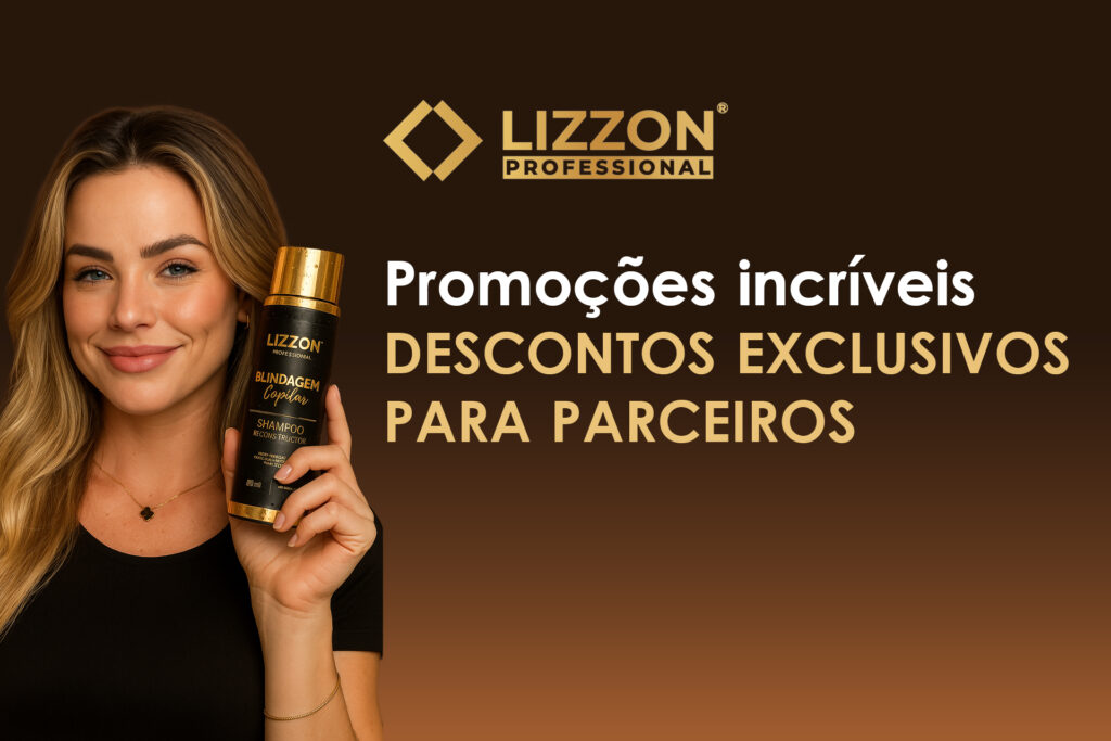 Uma mulher com longos cabelos loiros segura um frasco de xampu Lizzon Professional. O fundo marrom apresenta o logotipo da Lizzon e o texto em português, destacando descontos exclusivos de parceiros para cabelos lisos.