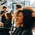 Uma mulher com cabelo cacheado sorri enquanto penteia seu cabelo com produtos Liso em um salão. Outra pessoa penteia seu cabelo. Outros clientes e estilistas são visíveis ao fundo, com produtos para cabelo no balcão.