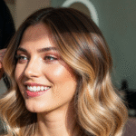 Uma mulher com cabelos loiros ondulados na altura dos ombros está sentada em um ambiente interno, sorrindo enquanto alguém ajusta seu cabelo. Ela está olhando ligeiramente para o lado, e o plano de fundo inclui um espelho e objetos de liso desfocados.