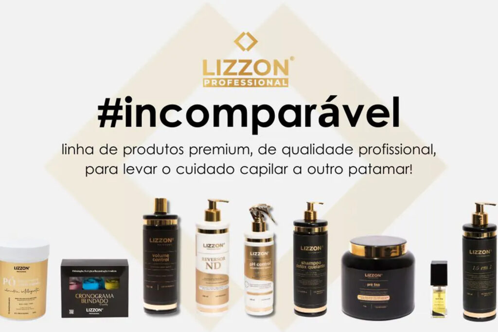 Uma seleção de produtos de cuidados com os cabelos da Lizzon Professional está disposta em uma fileira sobre um fundo claro, destacando a linha premium liso com o texto 
