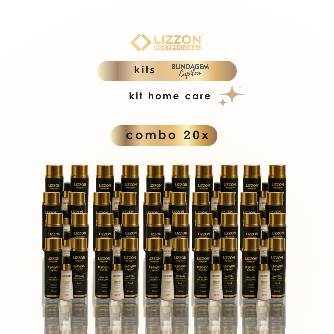 Fileiras de 20 frascos pretos e dourados do kit Lizzon Professional homecare (combo 20x) estão dispostos em um fundo branco, cada um com o logotipo da marca e o nome do produto.