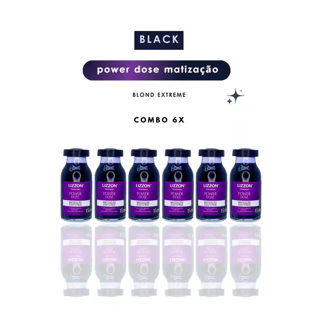 Seis frascos de Power Dose Matização - Combo de 6 estão dispostos em um fundo branco, com embalagens roxas e pretas. Acima deles, o texto diz BLACK, power dose matização liso e COMBO 6X.