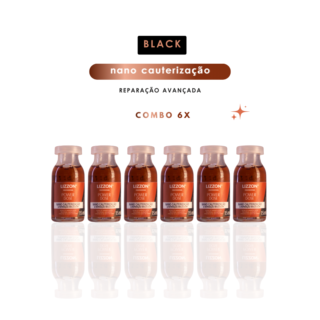 Seis pequenos frascos marrons com o rótulo Power Dose Nano Cauterização (combo 6x) estão dispostos em uma fileira sobre um fundo branco, com o texto 