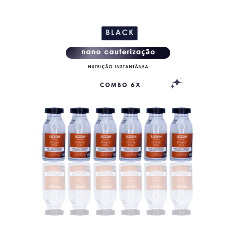 Seis frascos de produtos para cabelo da Lizzon Professional estão dispostos em uma fileira. Acima deles, o texto diz BLACK nano cauterização, nutrição instantânea, combo 6x-perfect para conquistar o liso dos sonhos com a excelência Lizzon.