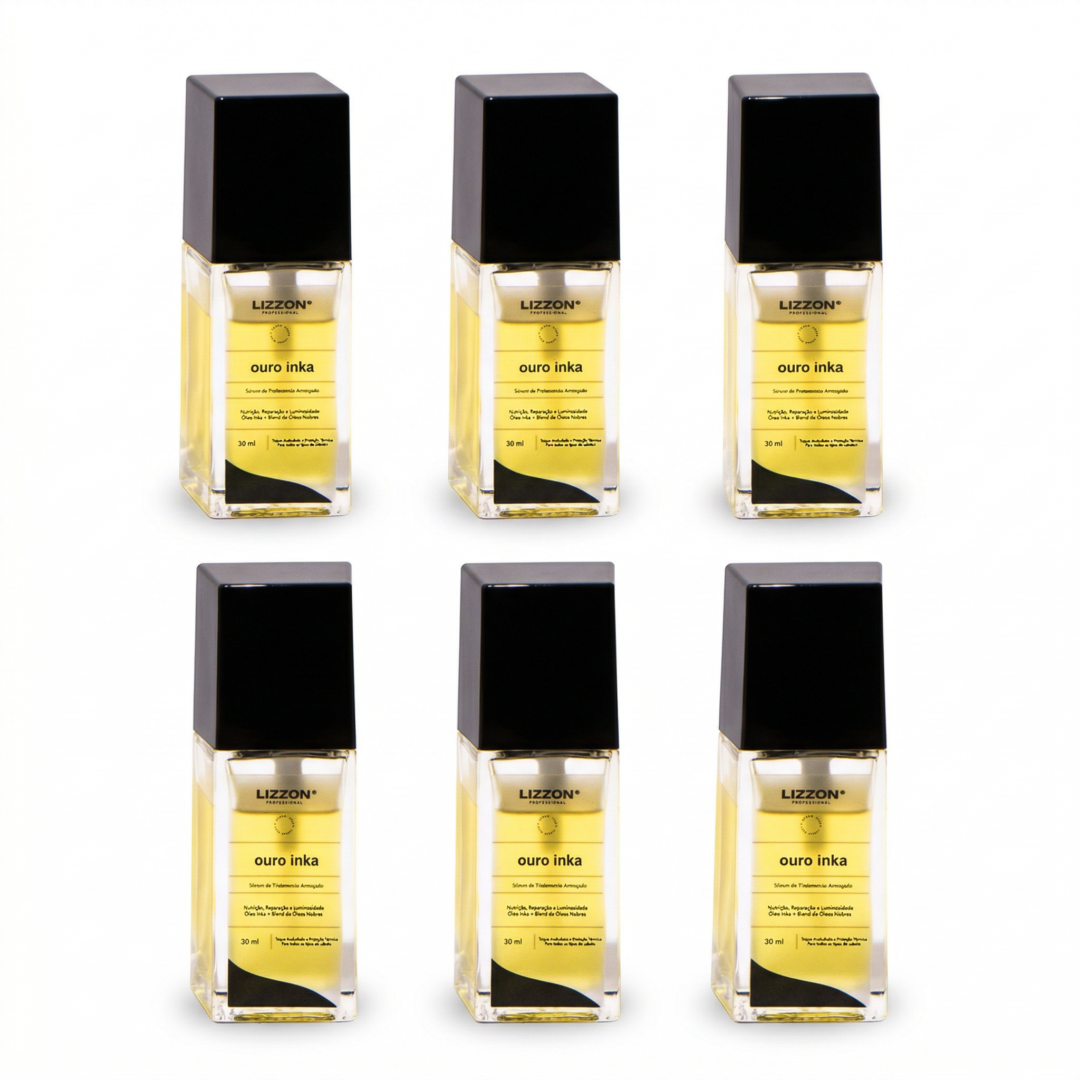 Seis frascos idênticos do produto para cabelos Ouro Inka (Combo 6 unidades) estão dispostos em duas fileiras de três sobre um fundo branco. Cada frasco é transparente e contém um líquido amarelo, possui uma tampa preta e apresenta um rótulo amarelo com texto em preto.