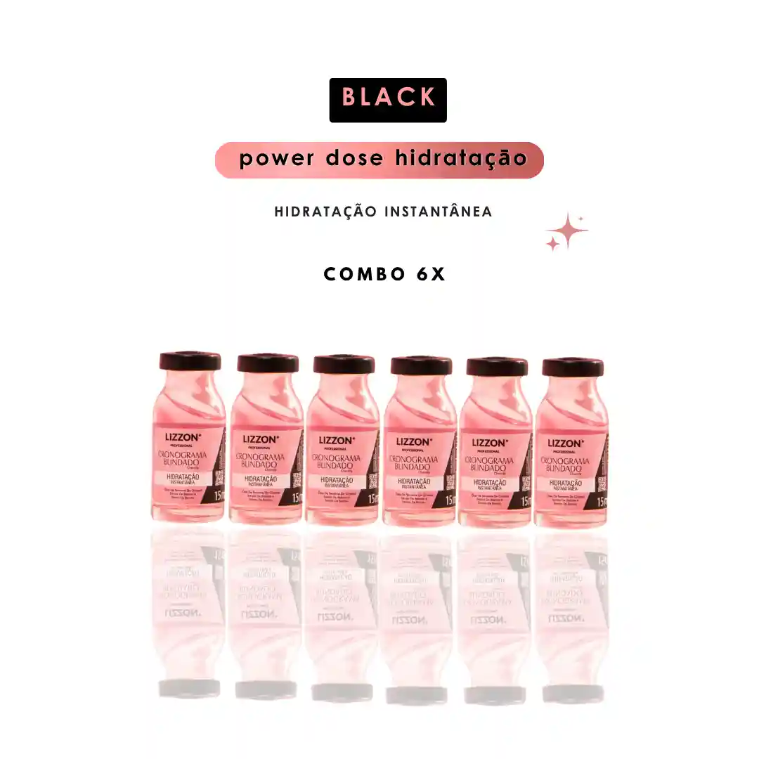 Seis frascos Power Dose Hidratação - Combo de 6, na cor rosa, estão alinhados em uma fileira sob um texto em português que promove a hidratação instantânea e cabelos lisos, com um fundo branco e minimalista.