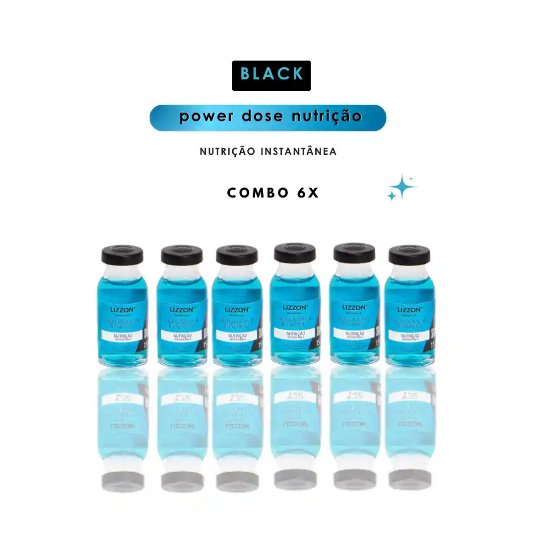 Seis pequenos frascos com líquido azul, rotulados como Lizzon Power Dose Nutrição, estão dispostos em uma fileira. Acima deles: Power Dose Nutrição - Combo de 6, nutrição instantânea liso.
