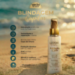 Um frasco do conjunto Sérum Blindagem Capilar (combo 10x) está sobre a areia com o mar e a luz do sol atrás dele. Benefícios, ícones e recursos são exibidos em português no lado esquerdo da imagem.