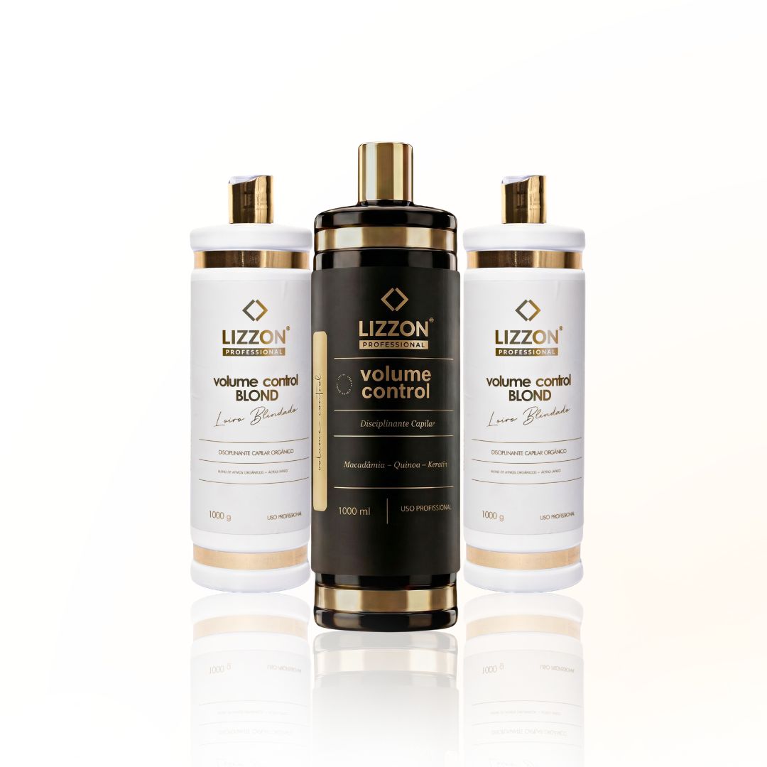 Três garrafas do Kit 3 Volume Control (2 Blond e 1 Tradicional) são exibidas na vertical: a garrafa central é preta com detalhes em dourado, enquanto as duas garrafas laterais são brancas com detalhes em dourado. Todas estão rotuladas como "controle de volume".