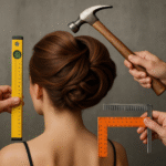 Uma pessoa com cabelo castanho liso é vista por trás. Três mãos seguram ferramentas perto da cabeça: um nível à esquerda, um martelo acima e um esquadro à direita, todos em um fundo liso.