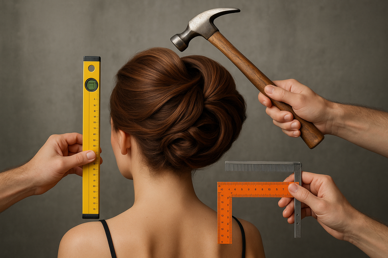 Uma pessoa com cabelo castanho liso é vista por trás. Três mãos seguram ferramentas perto da cabeça: um nível à esquerda, um martelo acima e um esquadro à direita, todos em um fundo liso.