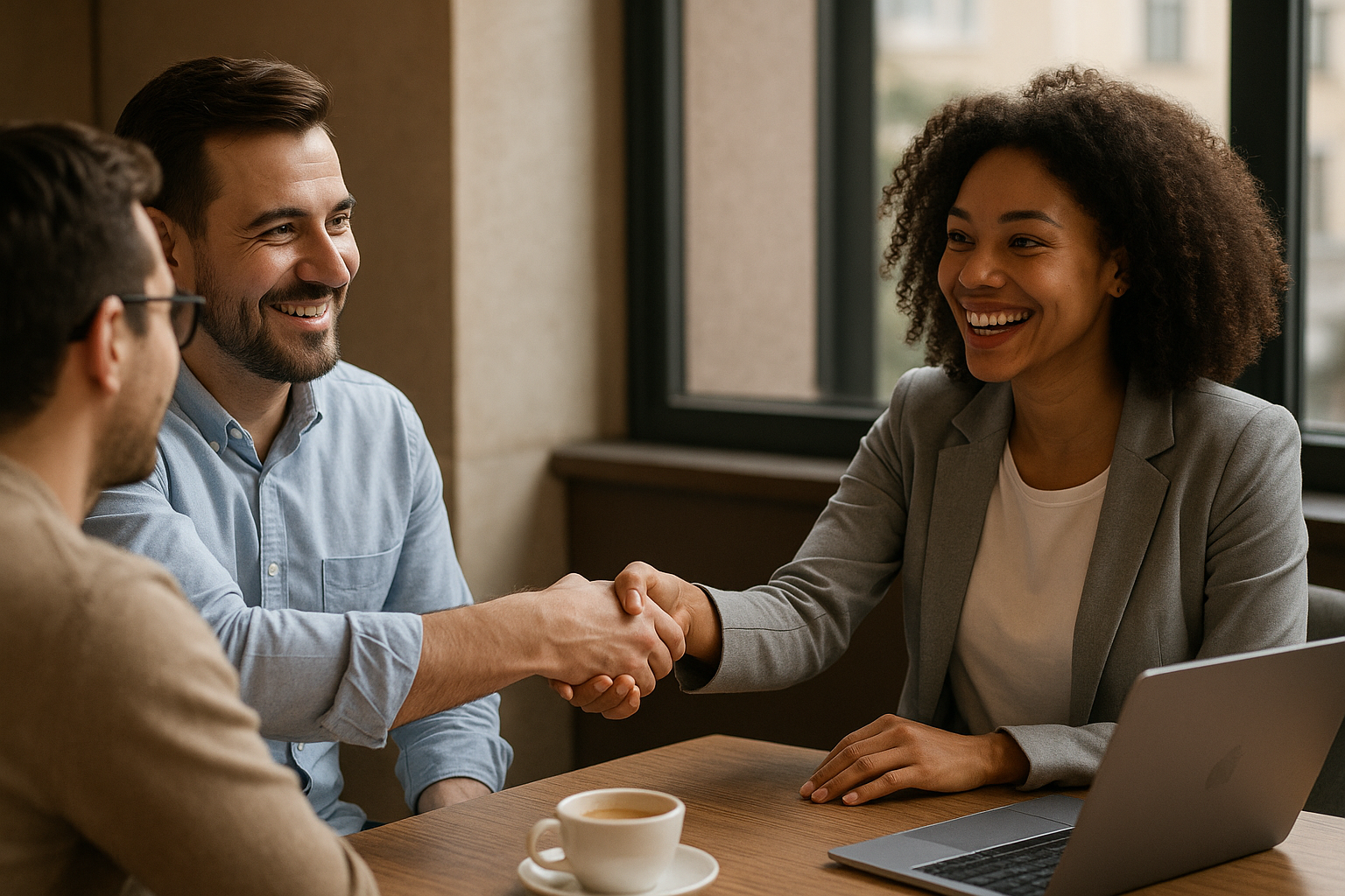 Três pessoas sentam-se à mesa em um escritório. Uma mulher com um blazer lizzon e um homem com uma camisa azul estão apertando as mãos e sorrindo, enquanto outro homem se senta ao lado deles. Um laptop e uma xícara de café estão sobre a mesa.