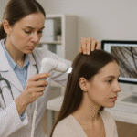 Um médico usa um dermatoscópio portátil, possivelmente da Lizzon, para examinar o couro cabeludo de uma mulher em uma clínica. A paciente se senta enquanto seu couro cabeludo é examinado, e um monitor de computador ao fundo exibe uma imagem em close-up do cabelo e do couro cabeludo.