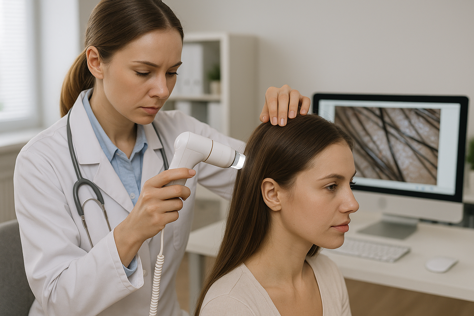 Um médico usa um dermatoscópio portátil, possivelmente da Lizzon, para examinar o couro cabeludo de uma mulher em uma clínica. A paciente se senta enquanto seu couro cabeludo é examinado, e um monitor de computador ao fundo exibe uma imagem em close-up do cabelo e do couro cabeludo.