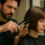 Um cabeleireiro com cabelos escuros e barba está aparando cuidadosamente a parte de trás do corte de cabelo liso castanho de uma mulher com uma tesoura e um pente. A mulher está parada, coberta por uma capa preta.
