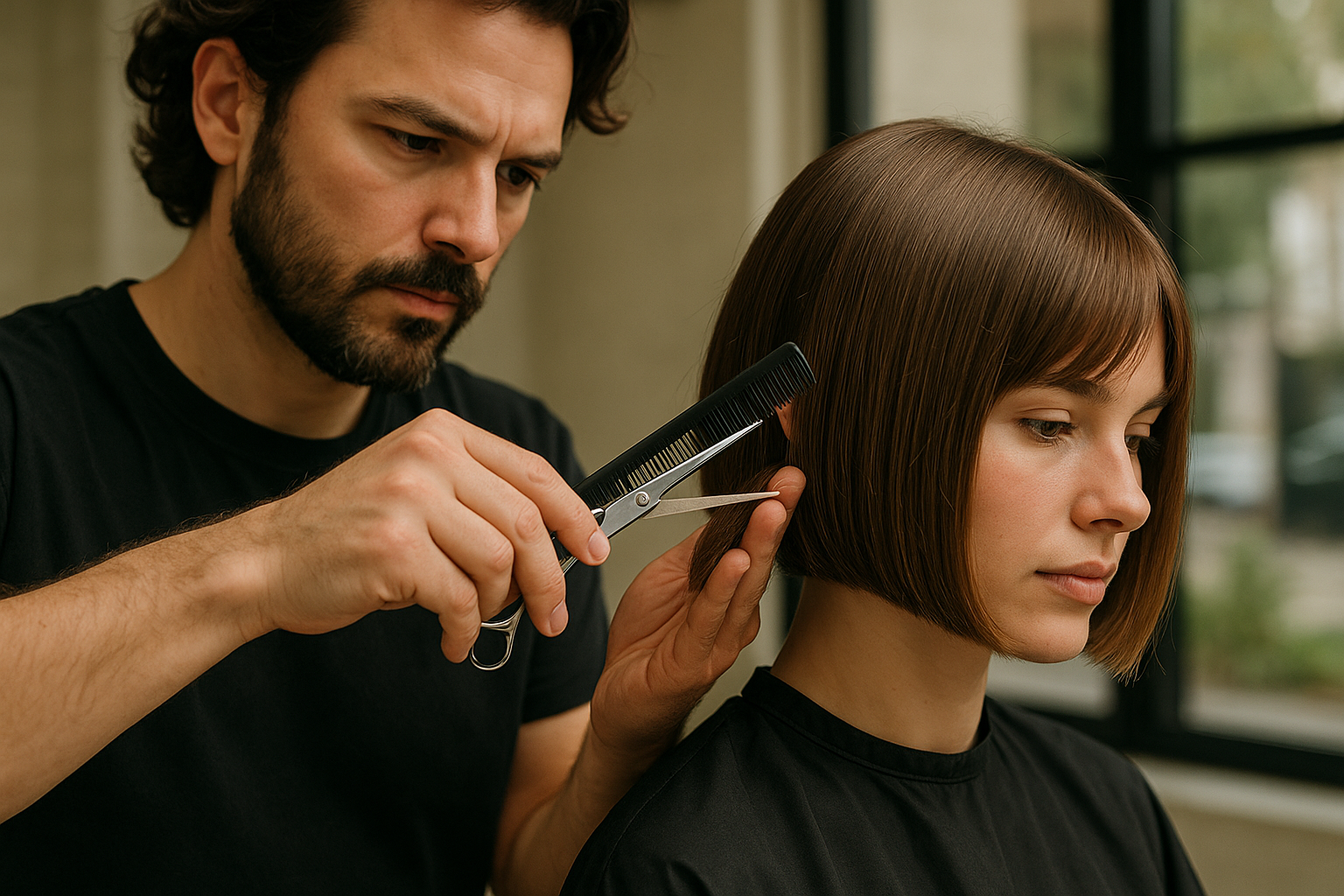 Um cabeleireiro com cabelos escuros e barba está aparando cuidadosamente a parte de trás do corte de cabelo liso castanho de uma mulher com uma tesoura e um pente. A mulher está parada, coberta por uma capa preta.
