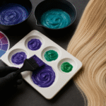 Uma mão com luva segura um pincel sobre recipientes de tintura de cabelo liso verde e roxo, um círculo de cores e uma mecha de cabelo loiro claro em uma superfície escura.