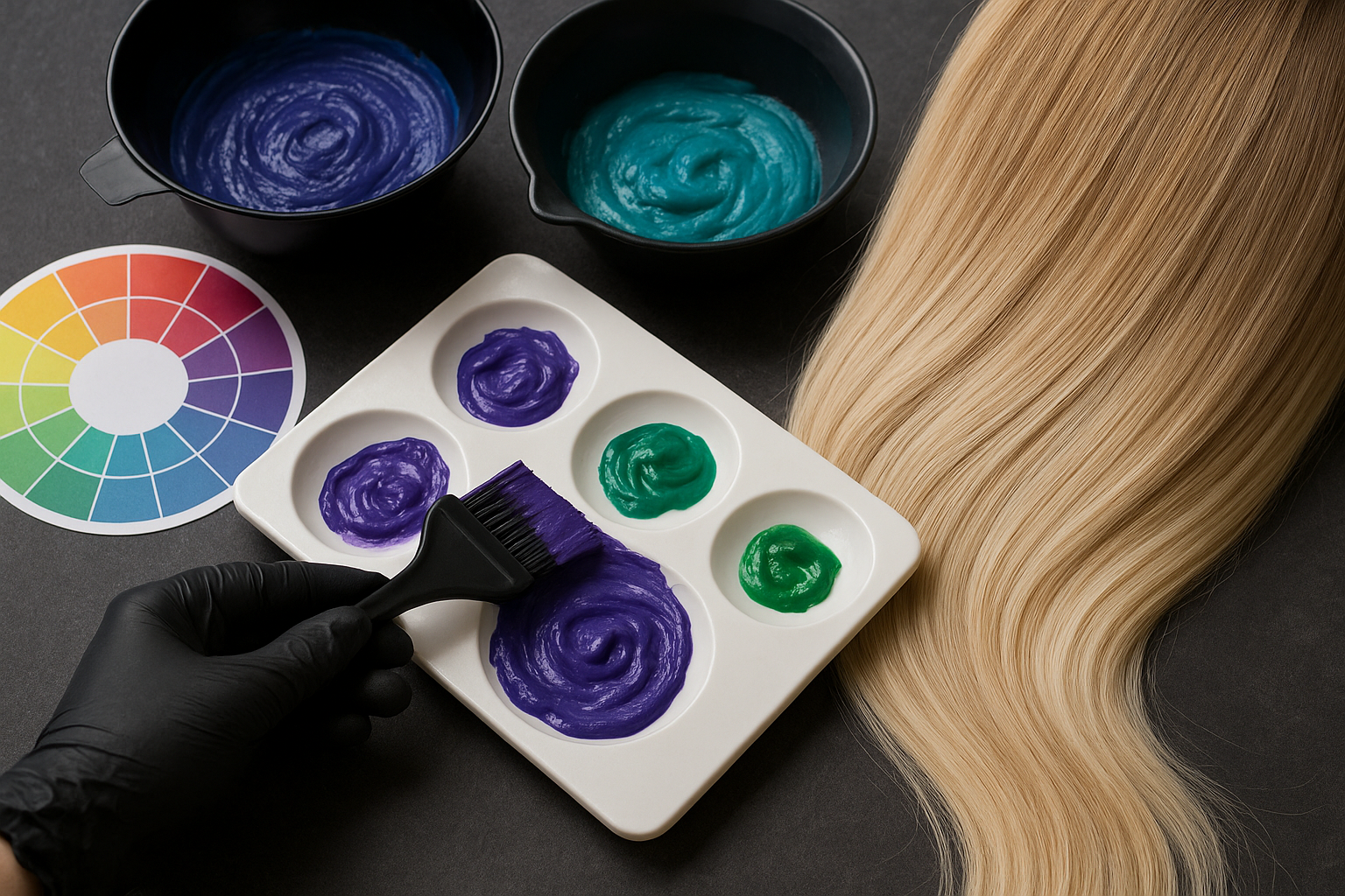 Uma mão com luva segura um pincel sobre recipientes de tintura de cabelo liso verde e roxo, um círculo de cores e uma mecha de cabelo loiro claro em uma superfície escura.