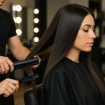 Um cabeleireiro está criando um visual liso e elegante, alisando o cabelo longo e escuro de uma mulher com uma chapinha e um pente em um salão. A mulher, usando uma capa preta, está sentada enquanto espelhos com luzes refletem o processo.