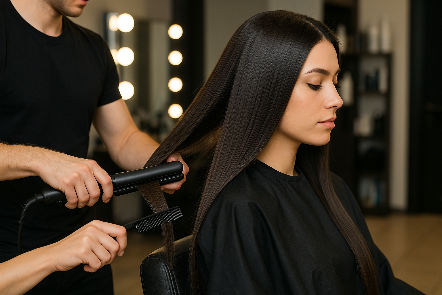 Um cabeleireiro está criando um visual liso e elegante, alisando o cabelo longo e escuro de uma mulher com uma chapinha e um pente em um salão. A mulher, usando uma capa preta, está sentada enquanto espelhos com luzes refletem o processo.