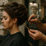 Uma mulher com cabelos penteados senta-se em uma cadeira de salão enquanto um cabeleireiro usa uma ferramenta de cabelo Liso em seu penteado. Bustos de mármore são visíveis ao fundo.