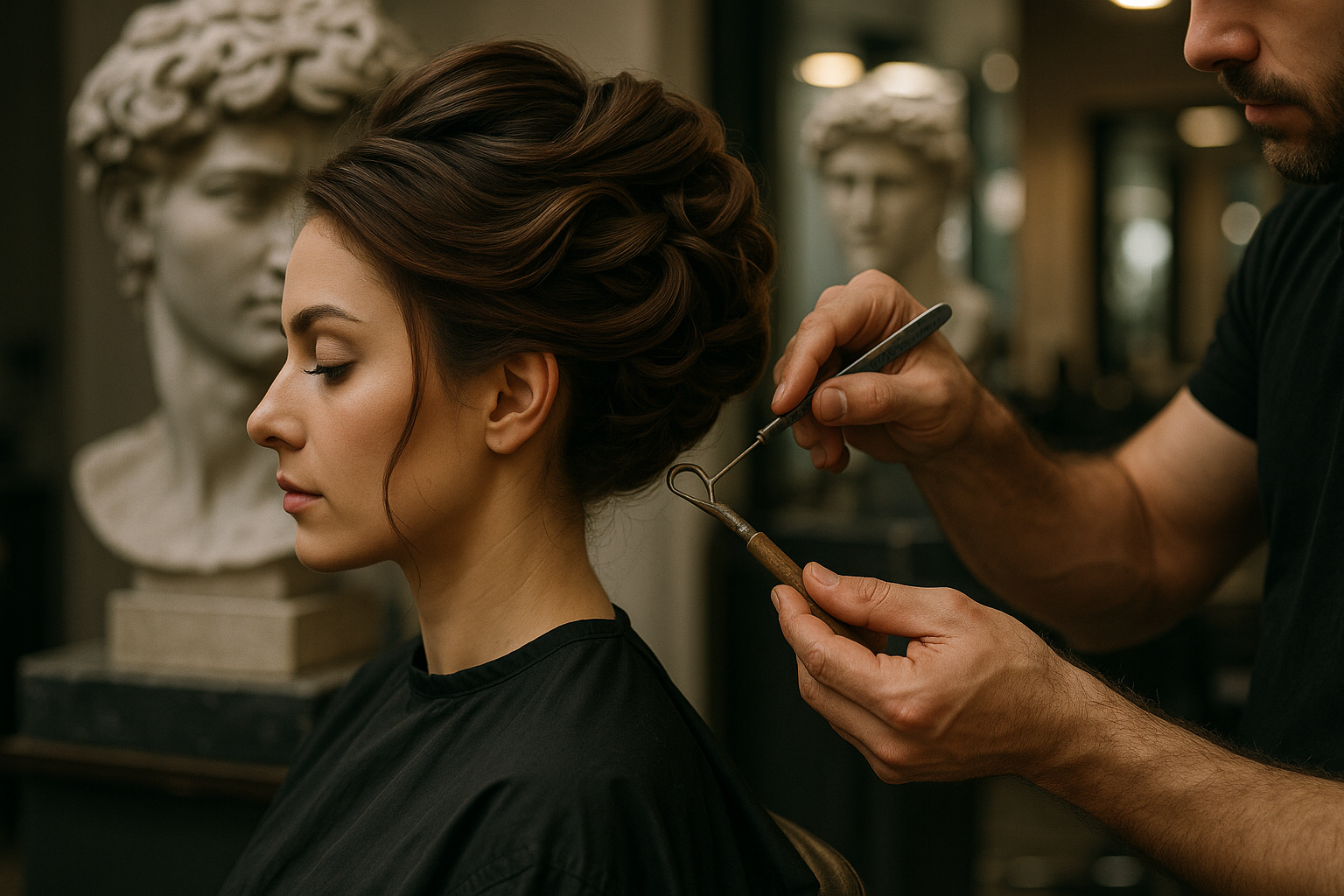Uma mulher com cabelos penteados senta-se em uma cadeira de salão enquanto um cabeleireiro usa uma ferramenta de cabelo Liso em seu penteado. Bustos de mármore são visíveis ao fundo.
