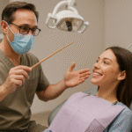 Um dentista vestindo uma bata de liso e uma máscara facial gesticula com uma ferramenta odontológica enquanto conversa com uma paciente sorridente sentada em uma cadeira odontológica, em uma clínica odontológica moderna.