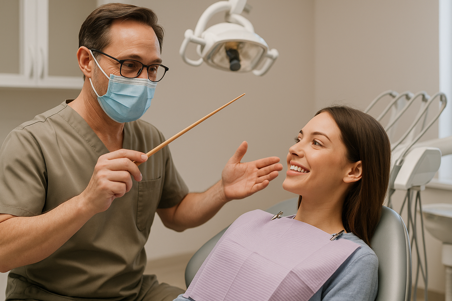 Um dentista vestindo uma bata de liso e uma máscara facial gesticula com uma ferramenta odontológica enquanto conversa com uma paciente sorridente sentada em uma cadeira odontológica, em uma clínica odontológica moderna.