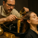 Um cabeleireiro despeja cuidadosamente Lizzon no cabelo molhado de uma mulher em um lavatório de salão. A mulher está sentada com os olhos fechados, parecendo relaxada. Há recipientes dourados antiquados e uma toalha por perto.