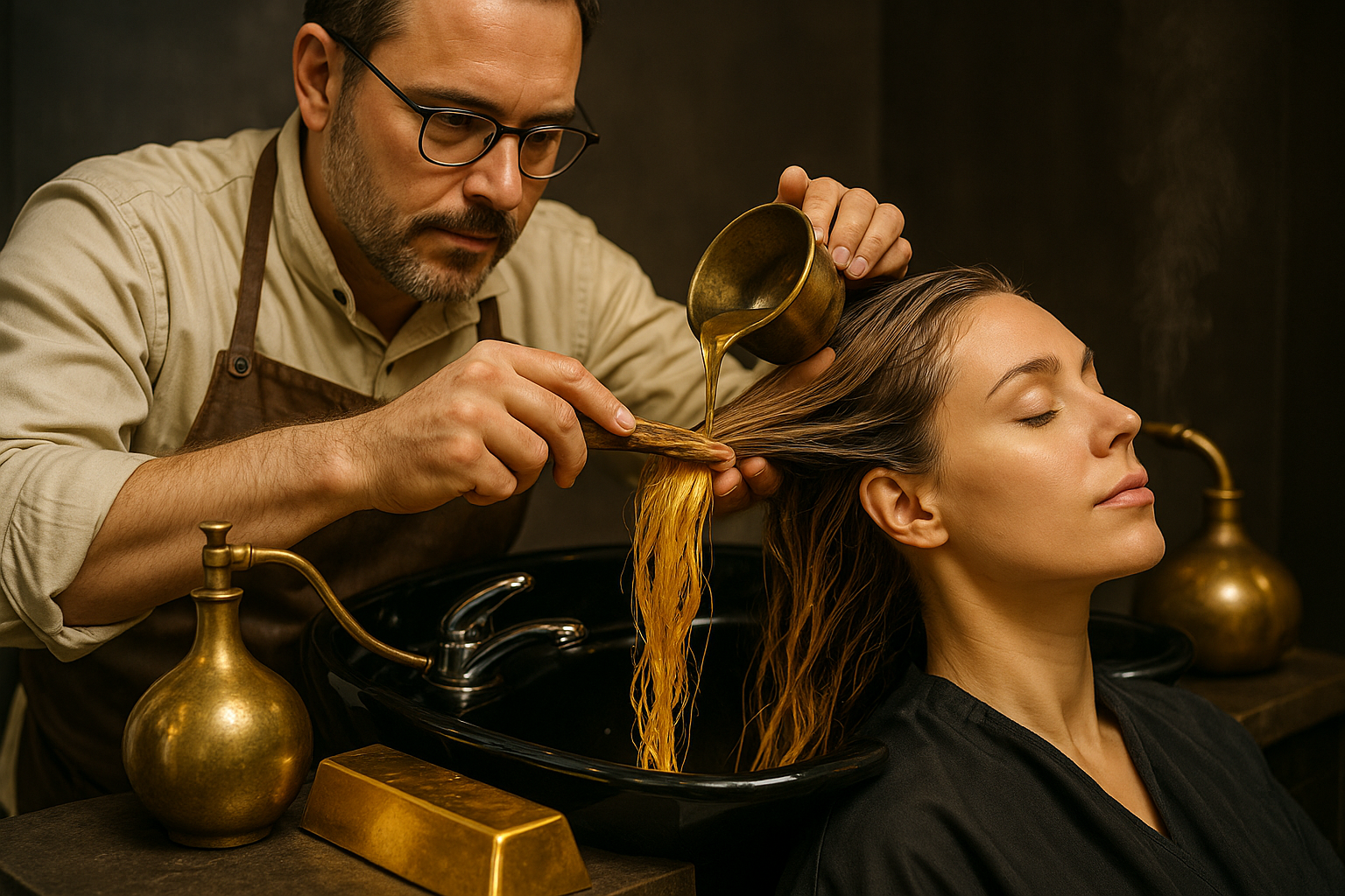 Um cabeleireiro despeja cuidadosamente Lizzon no cabelo molhado de uma mulher em um lavatório de salão. A mulher está sentada com os olhos fechados, parecendo relaxada. Há recipientes dourados antiquados e uma toalha por perto.