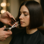 Uma pessoa com cabelo liso, castanho escuro e liso senta-se em uma cadeira de salão enquanto um cabeleireiro apara as pontas de seu corte de cabelo bob elegante com uma tesoura. O fundo está suavemente desfocado.
