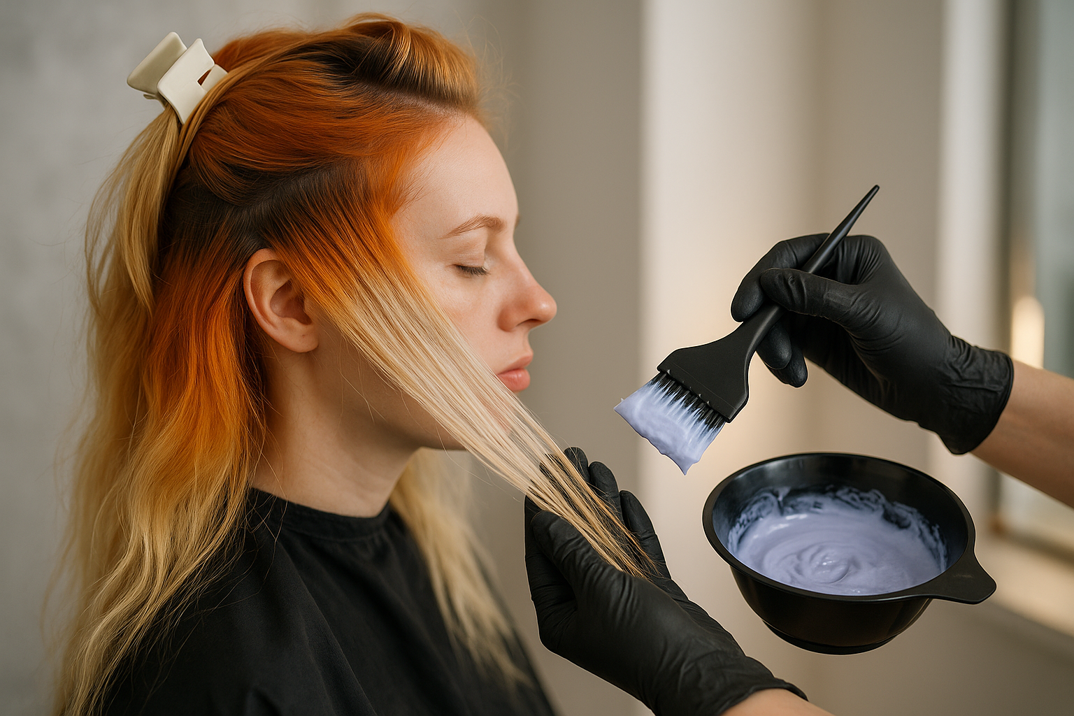 Uma pessoa com cabelo ombre senta-se com os olhos fechados enquanto outra, usando luvas pretas, aplica tinta liso em uma seção de seu cabelo usando um pincel e uma tigela de tinta roxa.