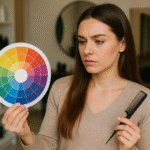 Uma mulher com longos cabelos castanhos segura um círculo de cores Lizzon em uma mão e um pente na outra, estudando o círculo com uma expressão séria em um salão de beleza.